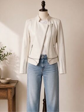 Coco Y Club Ivory Faux Leather Moto Jacket Asymmetrical Zip Biker Jacket Size S